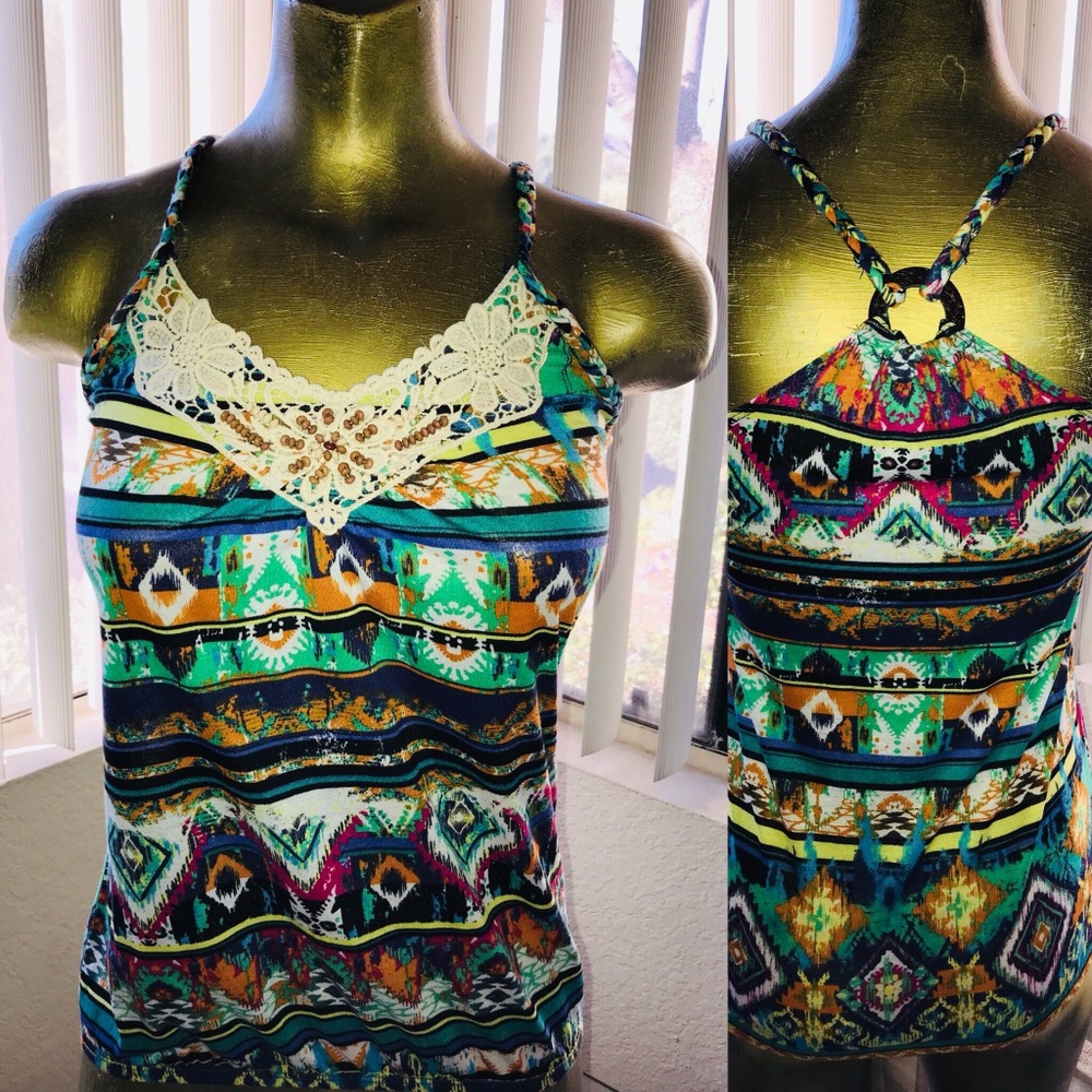 Y2K Beaded Lace Trimmed TRIBAL Print TANK TOP Small
